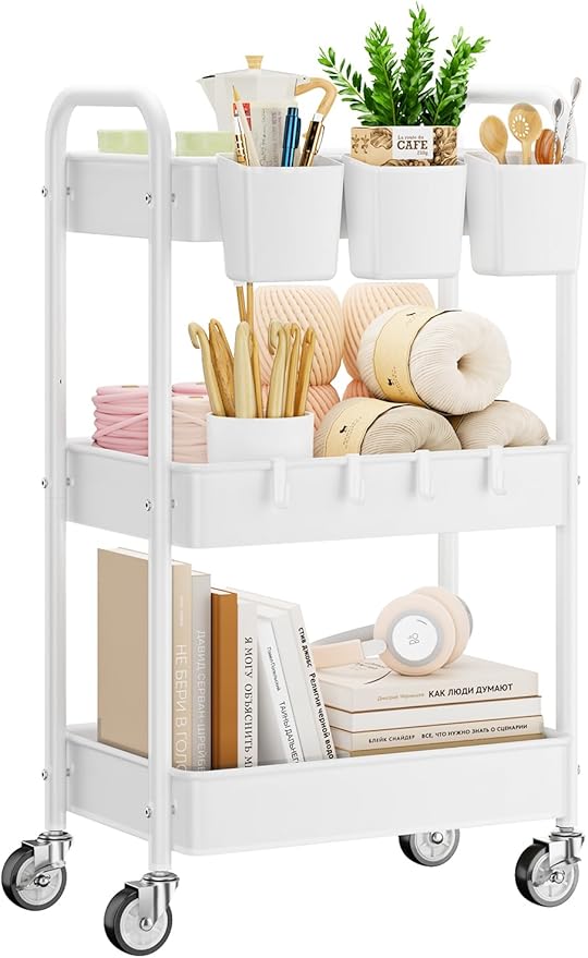 YASONIC Metal 3 Tier Rolling Cart - Heavy Duty Utility Cart with Lockable Wheels, Hanging Cups, Hooks, Mesh Rolling Storage Cart Craft Cart Organizer, Lightweight and Sturdy, White