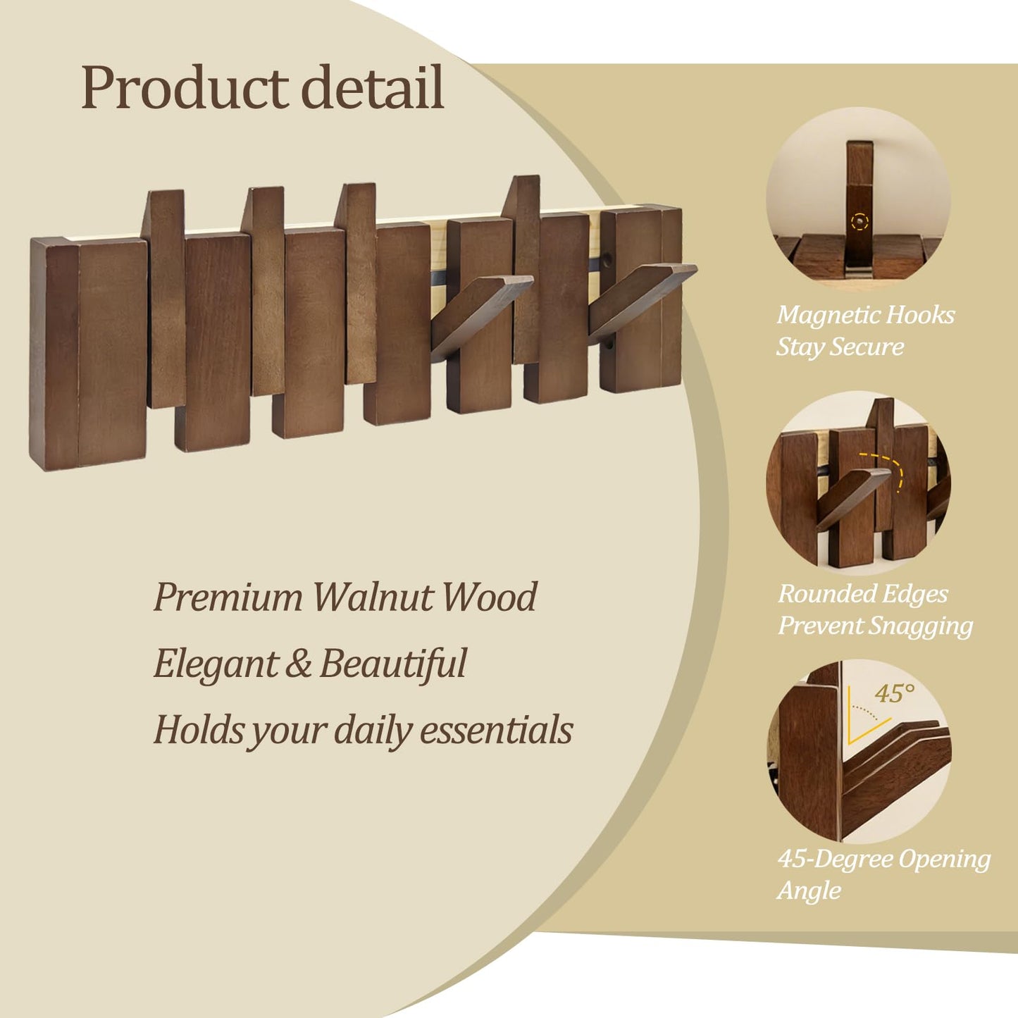 ZOESEEK 16.9" Wooden Piano Key Coat Rack Wall Mounted, Flip Down 6 Hooks Heavy Duty for Hanging Coats/Hats/Keys/Towels/Bags, Natural Walnut Entryway Hanger Art Hook