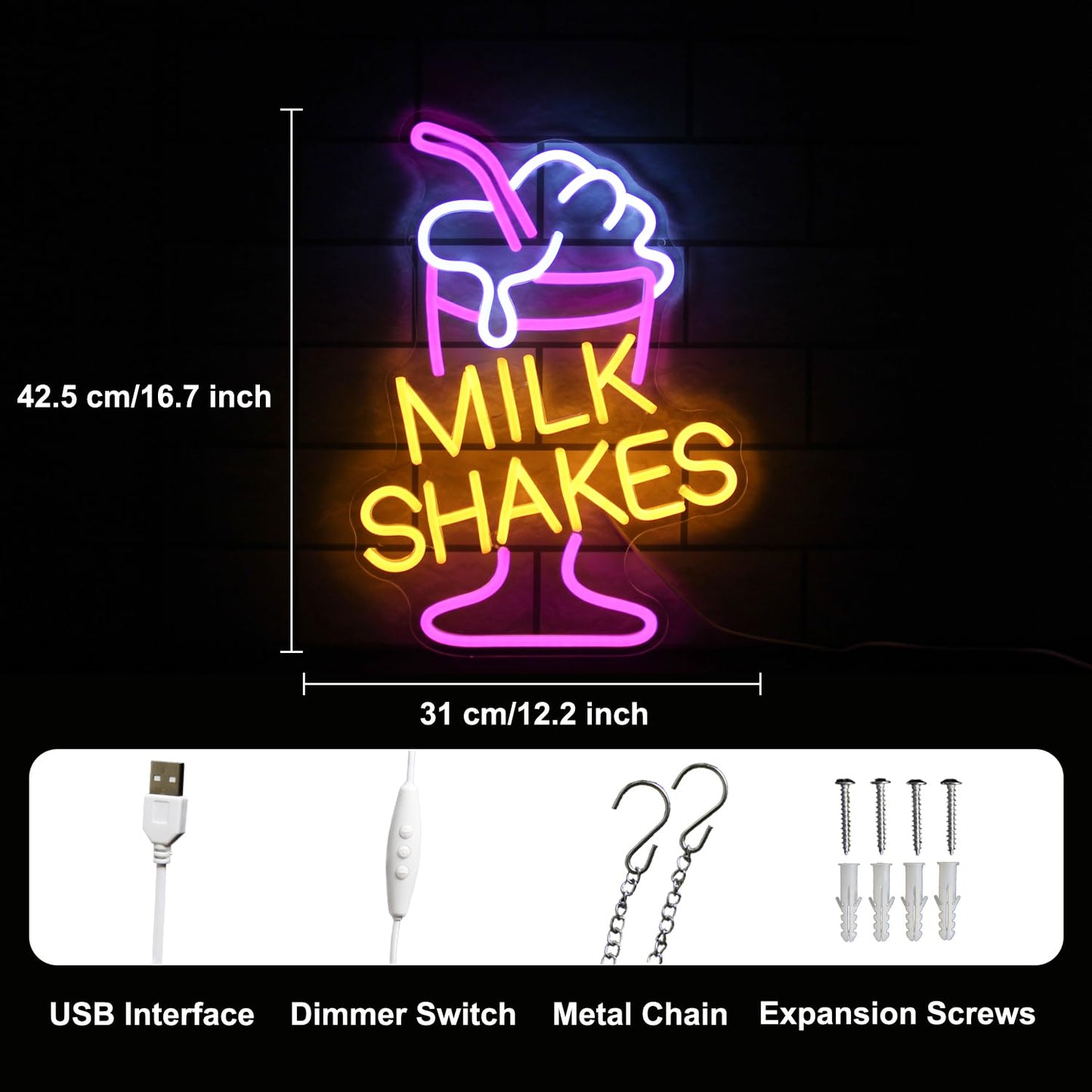 Milk Shakes Neon Signs Ice Cream Neon Light Milk Tea LED Sign Frozen Yogurt Neon Signs for Wall Food Drink Restaurant Lights Neon Wall Decor Light Up Sign for Dessert Shop Bar Decor