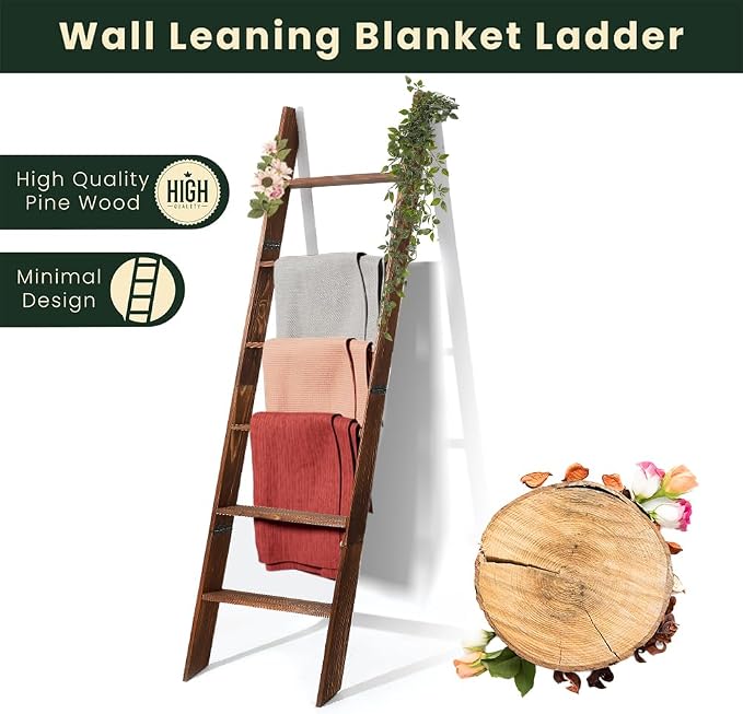 Decorative Foldable Wooden Blanket Ladder, 6-Tier Pine Wood Quilt Ladder 68" — Easy Assembly, Anti-Slip, Farmhouse Decor Rack Stand for Living Room, Bedroom Bathroom (Brown)