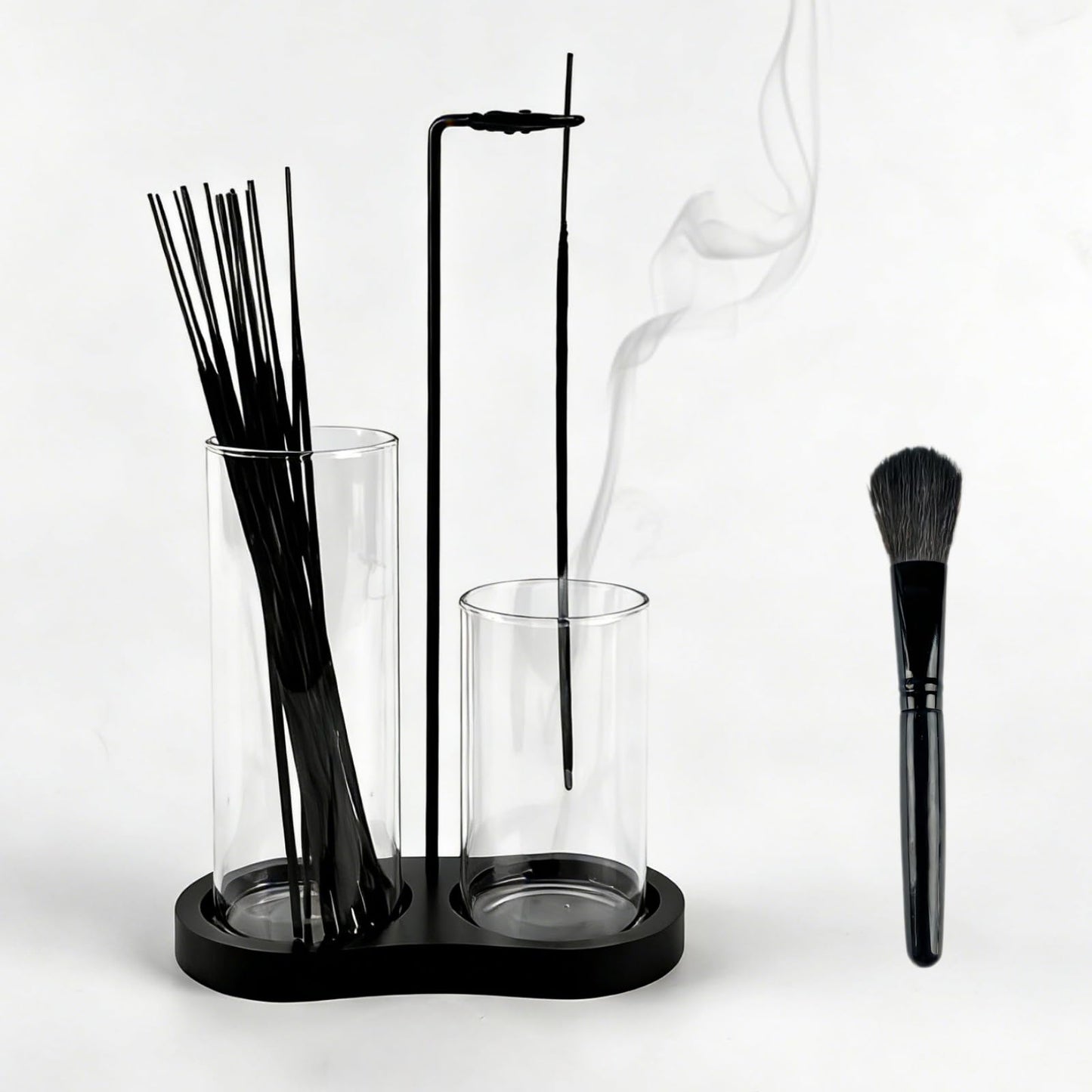 2 in 1 Black Incense Holder for Sticks with Glass Ash Catcher, Anti-Ash Incense Burner for Yoga Meditation Spa, Sleek Minimalist Decor & Incense Holder for Men, Includes Ash Brush
