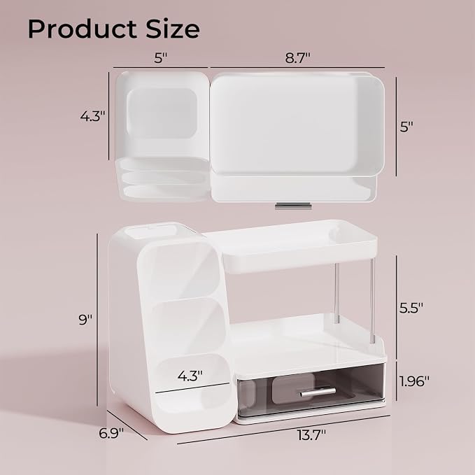 UFORU Makeup Organizer for Vanity with Brush Holder, 2 Tiers Countertop Skincare, Cologne Organizer and Perfume Stand for Bathroom Vanity, Large Capacity Makeup Storage, White