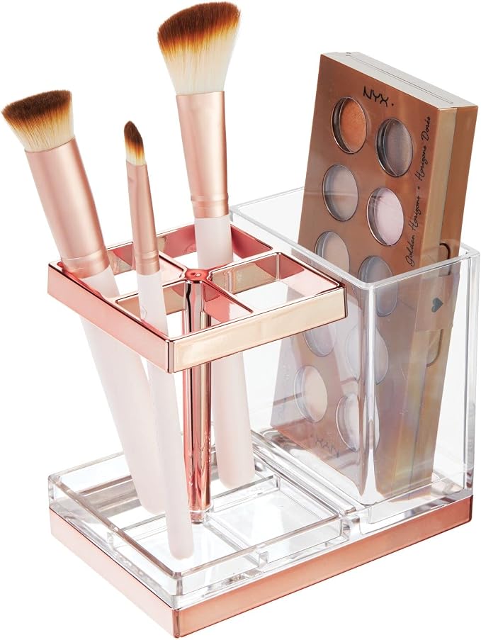 mDesign Plastic Toothbrush and Toothpaste Storage Organizer Holder - Home Decor for Bathroom Countertop - Holds Toiletries and Beauty Accessories - Lumiere Collection - Clear/Rose Gold