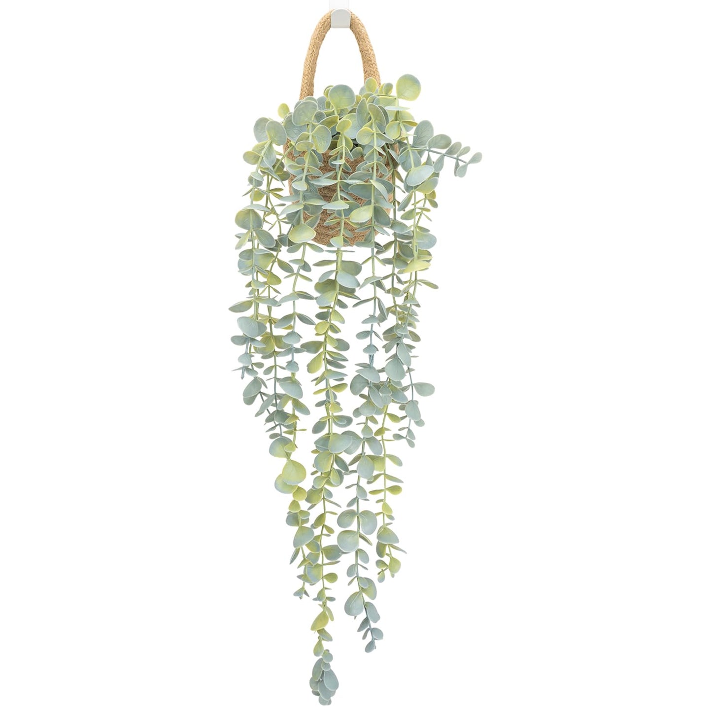 HOFMEFY Fake Hanging Plant Decor Indoor, Eucalyptus Artificial Faux Plants in Wall Woven Planters, Jute Hanger with Black Pot Soft Green 1PCS 23Inch Long