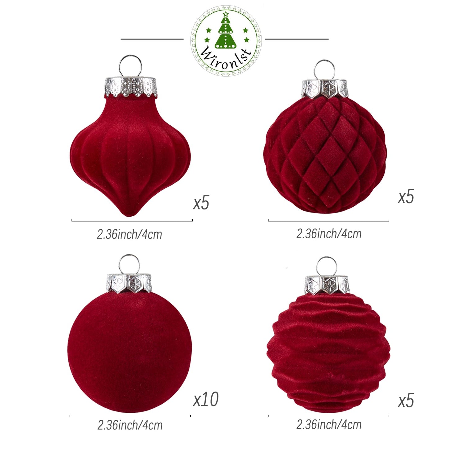 Wironlst Velvet Ornaments for Christmas Tree, 4 Style Flocked Matte Velvet Christmas Ball Ornaments, Shatterproof Decor for Xmas Tree Wedding Holiday Party Home (2.36" 25pcs Burgundy)