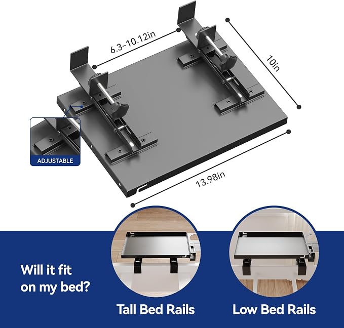 Metal Bedside Shelf Table Tray with Cup Holder, Foldable Bed Side Table for Bunk Bed & Top Bunk, College Dorm Room Essentials for Guys & Girls, Clip-on Laptop Nightstand for IKEA Beds, Black