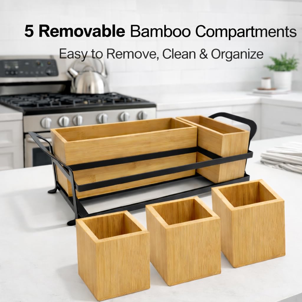 GOXTBBW Bamboo Utensil Caddy with Handle - 5 Compartment Silverware Holder for Party & Kitchen Countertop - Removable Wooden Flatware Organizer for Picnic, BBQ, Buffet, RV & Outdoor Dining