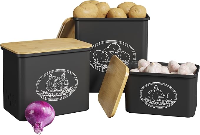 Lifewit Plastic Potato and Onion Storage Bin, Stackable Garlic Keeper with Aerating Holes and Lid, Vegetable Container Box for Pantry Countertop, Black, 24 x 18 x 24 cm/9.5 x 7 x 9.5 inch, Set of 3