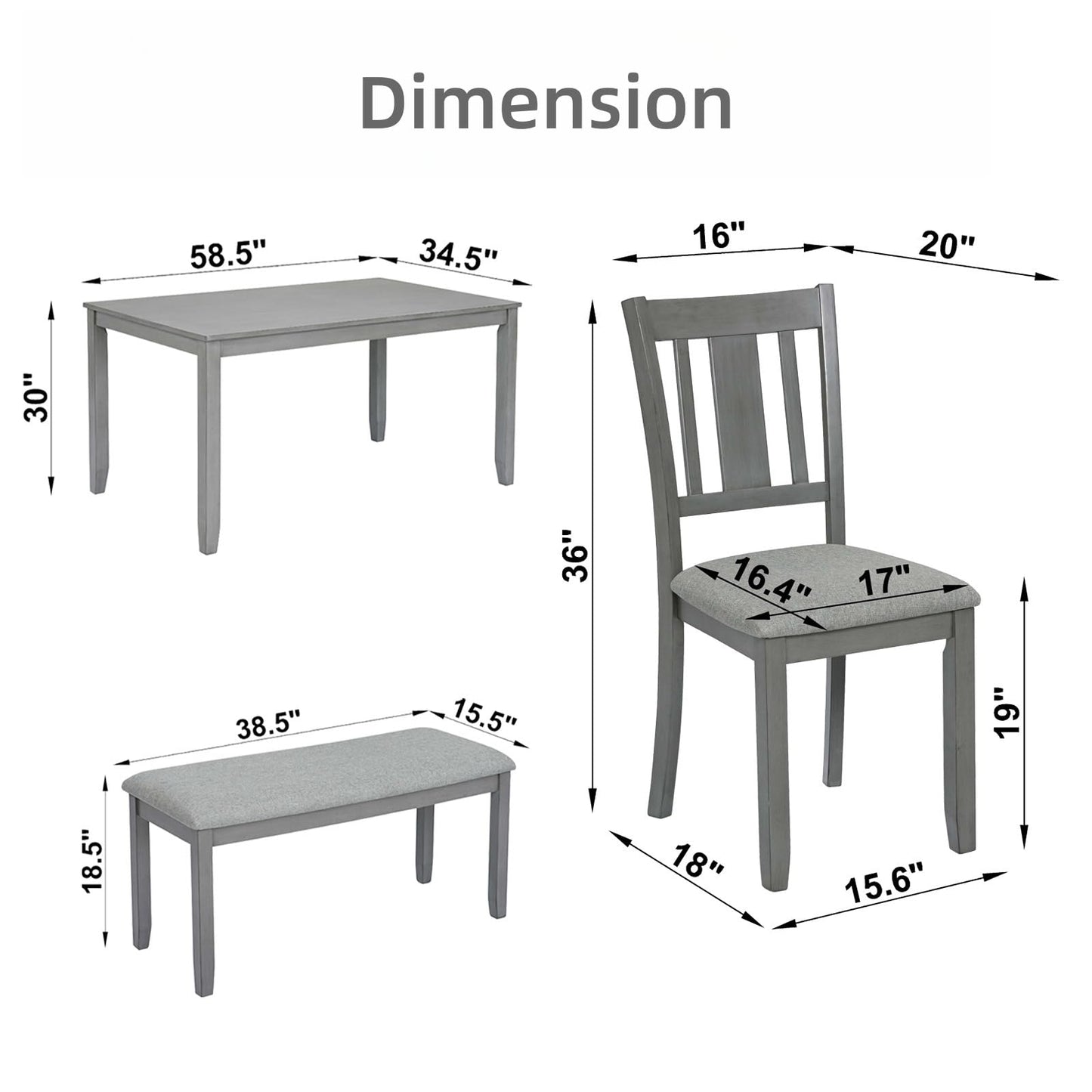 Trygoal Dining Table Set for 6, 6-Piece Kitchen Table Chairs Set with Rectangular Table, 4 Slatted Upholstered Chairs and Bench, Wooden Farmhouse Rustic Style Kitchen Dining Set for 6 Person, Gray