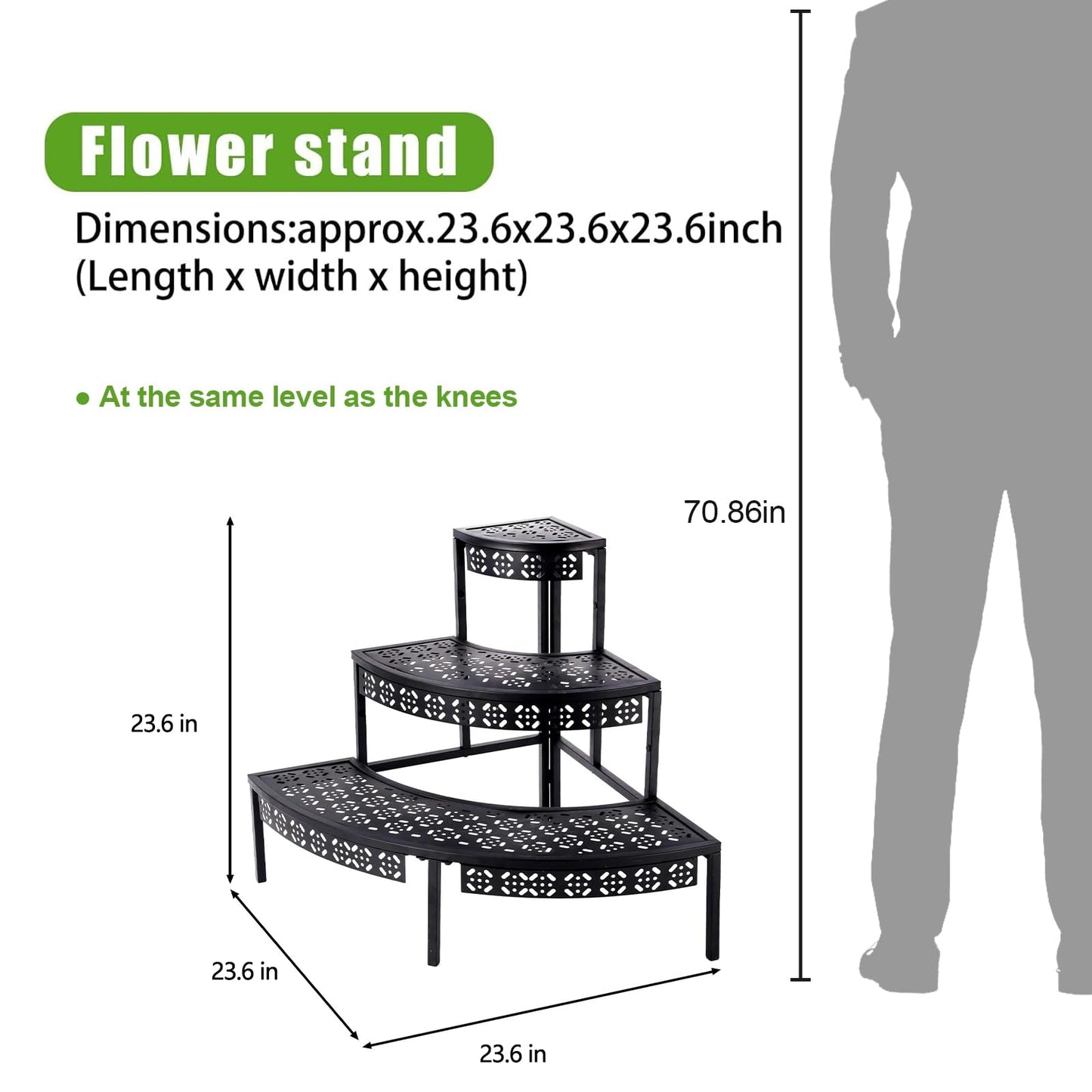 3 Tier Plant Stand Semi-Circular Flower Pot Organizer Rack Quarter Round Plant Display Holder Outdoor Storage Shelves Metal Corner Shelf Planter Shelving Ladder Plant Stand for Indoor Use(Black)