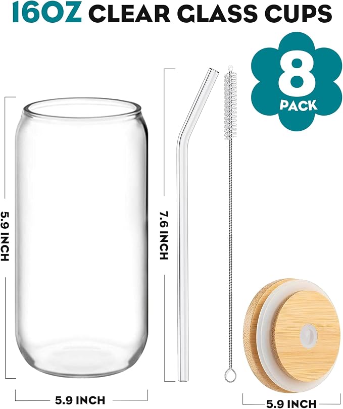 WISIMMALL Drinking Glasses with Bamboo Lids and Glass Straw 8PCS Set, 16oz Glass Cups with Lids and Straws, Beer, Iced Coffee Glasses, Soda, Gift 2 Cleaning Brushes