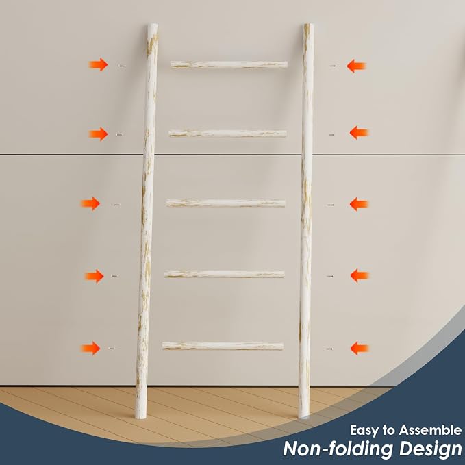 Delywh Wooden Blanket Ladder, 4.8ft Throw Blanket Holder for Living Room, Bedroom, Rustic Decorative Quilt Towel Rack Stand Ladders, Farmhouse Wood Ladder Home Decor for Blankets Display