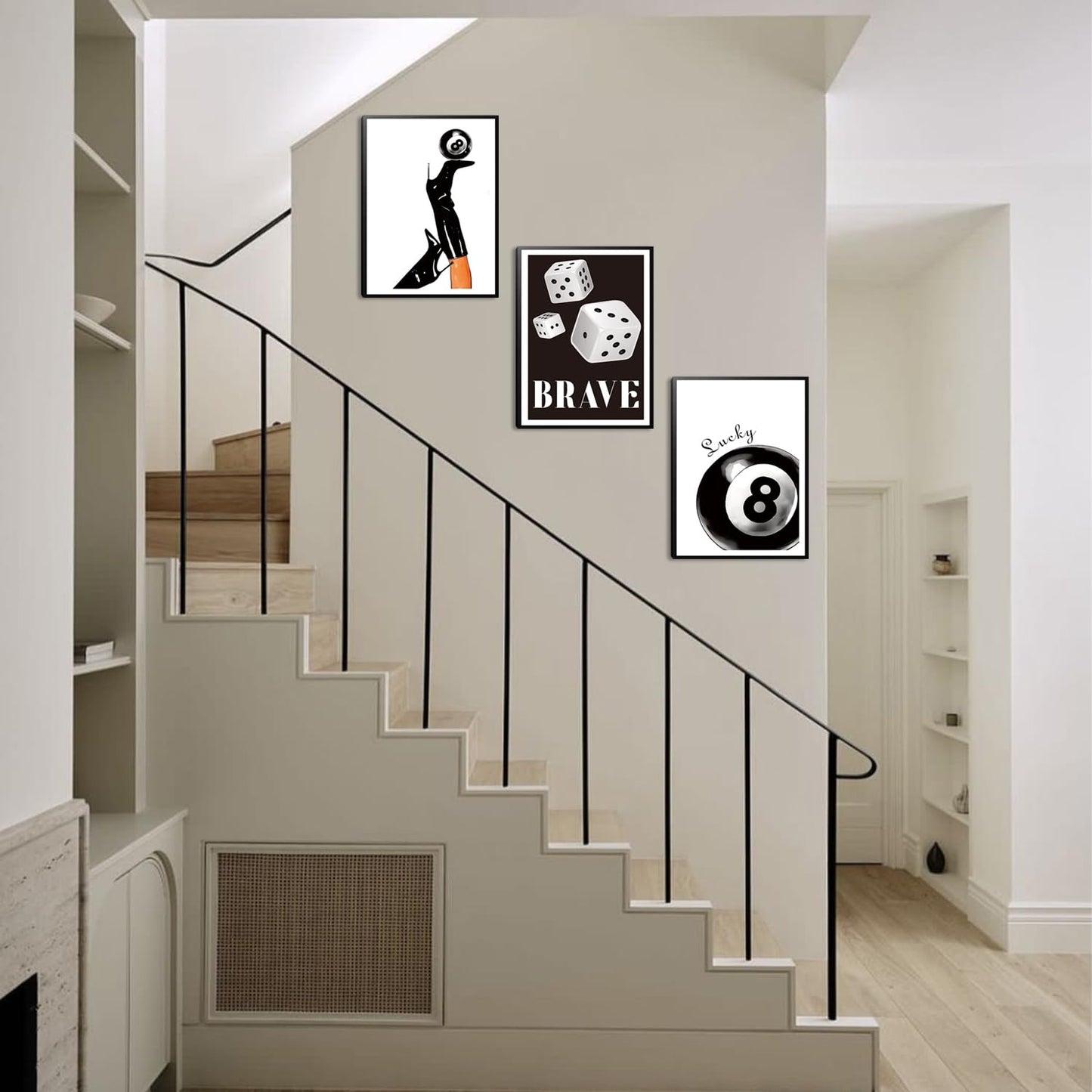 Framed Black And White Dice Wall Art Set of 3, Funky Retro Y2K Trendy Preppy, Lucky 8 Ball Coquette Boots Poster Canvas Prints for Game Room Bedroom Dorm Home Decor 16x12 Inch