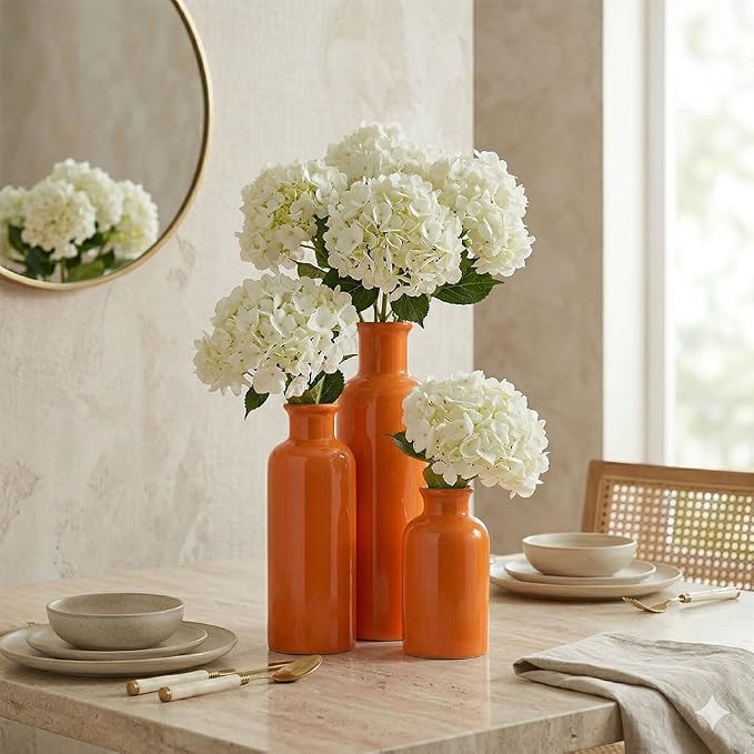 Ceramic Vase Set - 3 Orange Small Vases, Farmhouse Country Flower Vase Home Decor, Living Room Decoration, Table Decoration, Fireplace Decor, and Entrance Decorations Centerpieces
