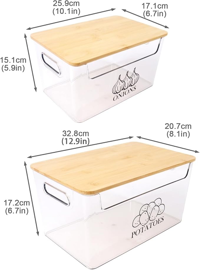 Potato & Onion Storage, Bamboo Lid, Transparent Acrylic Bin, 2 Set Stackable, Pantry & Kitchen Organizer