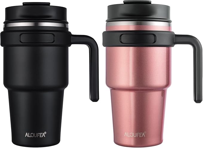 20 oz Insulated Coffee Mug Tumbler with Handle, Stainless Steel Travel Mug Tumbler with Lid and Straw,Double Wall Vacuum Leak Proof Ice Coffee Thermal Cup, Black/Rose Gold