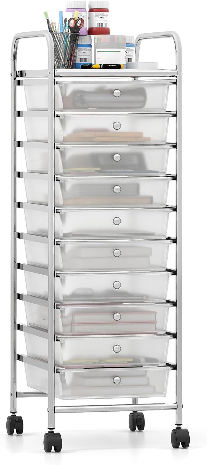 Giantex Rolling Storage Cart with 10 Drawers, Utility Cart with Tabletop, Drawer Organizer with Wheels for Craft Art Paper Tool, Mobile Organization & Sorting for Office Home School School Supplies