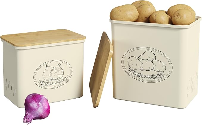 Lifewit Onion and Potato Storage Bin with Aerating Holes and Lid, Stackable Garlic Keeper, Plastic Vegetable Container Box for Kitchen, Beige, Set of 2