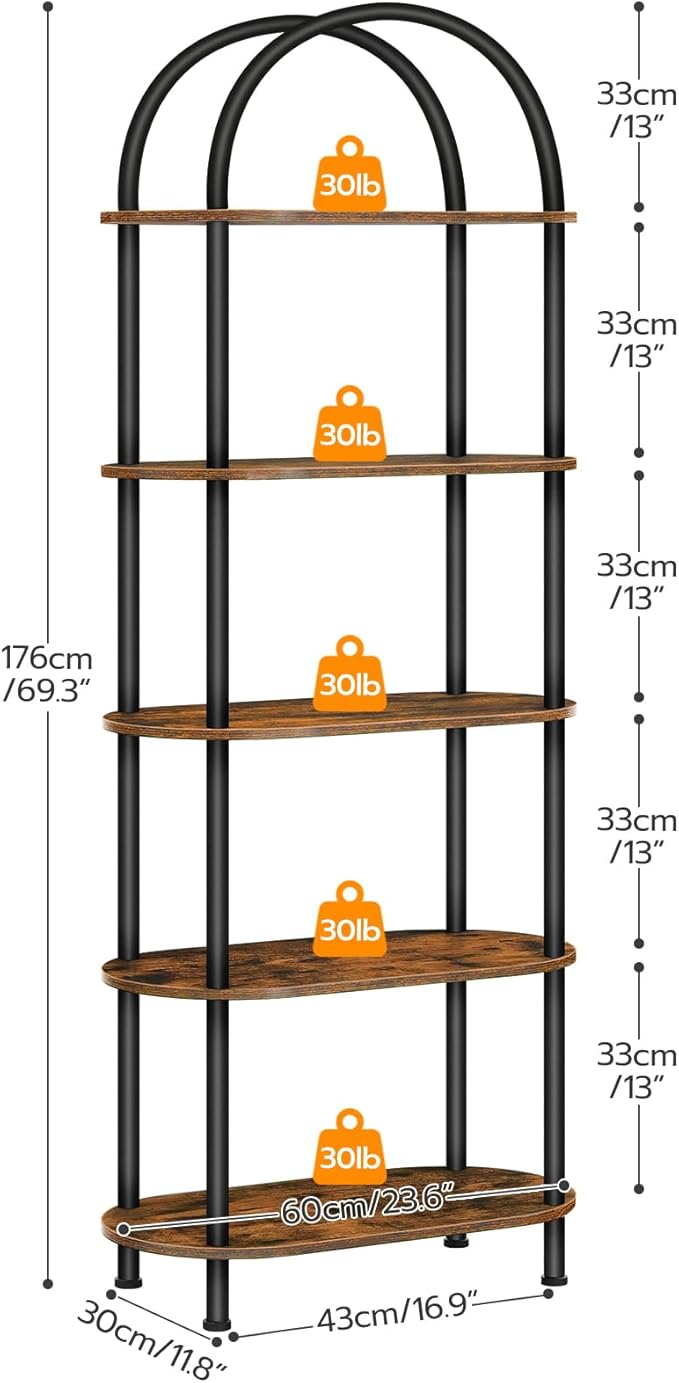 HOOBRO 5 Tier Open Bookshelf, Industrial Arched Bookcase Display Shelf Rack, Wooden Bookcase Storage Shelf Metal Frame, Tall Storage Organizer for Home, Easy Assembly, Rustic Brown BF176SJ01