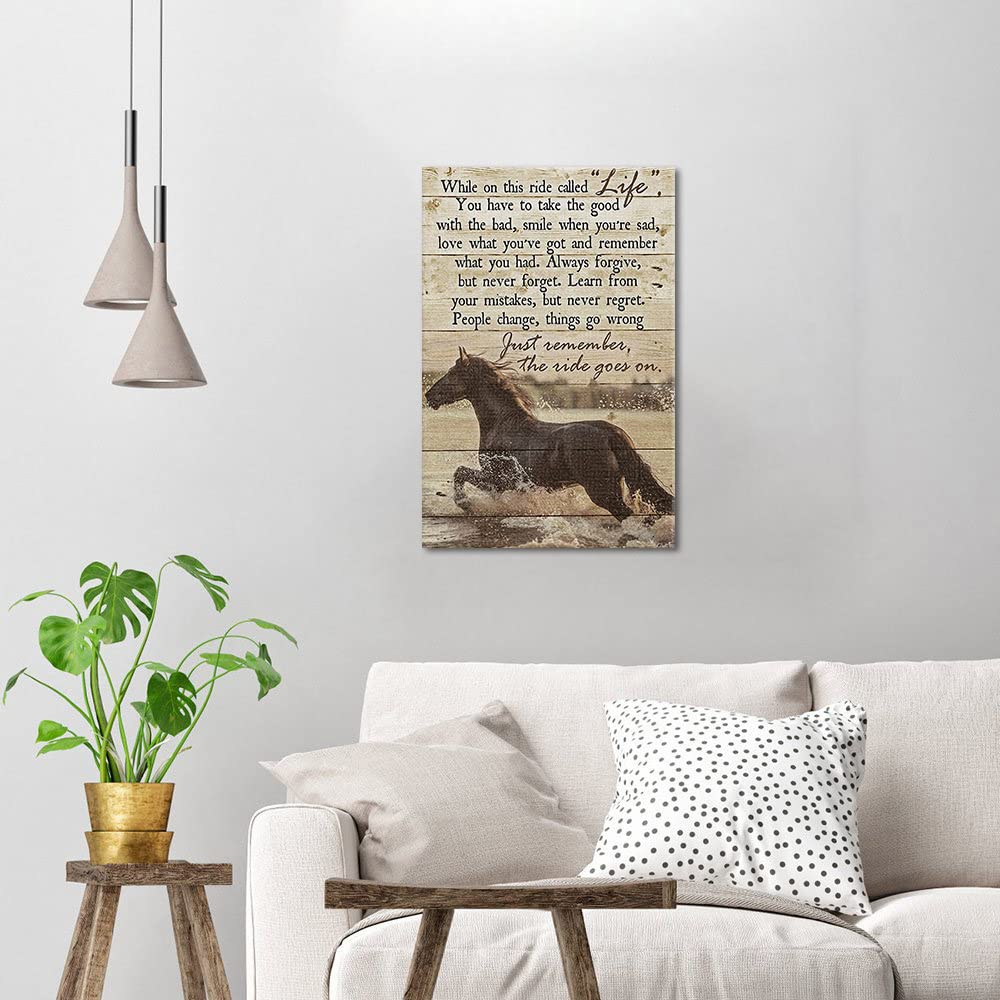 Inspirational Wall Art Horses Painting on Canvas, Motivational Positive Quote Retro Horse Picture Posters and Prints for Home Decor, Living Room, Office, Framed, 12" x 18"