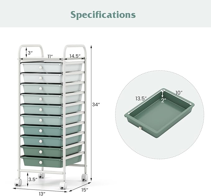Giantex 10-Drawer Rolling Storage Cart w/Wheels, Handle, Removable Drawers, Mobile Organizer Storage Unit, Trolley Utility Cart for Home Kitchen Living Room Office Play Room, Green Gradient