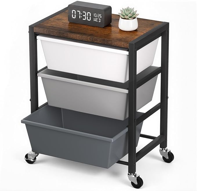 Rolling Cart with 3 Drawers, Plastic Drawer Storage Carts with Lockable Wheels & Wooden Tabletop, Metal Art Craft Utility Cart Organizer for Home Office Bedroom Dorm Bedside Classroom, Dark Gray