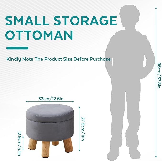 Small Foot Stool Ottoman with Storage, Velvet Ottoman Foot Rest for Couch, Round Footstool with Storage, Small Ottomans and Footstools for Living Room and Entryway (Gray)