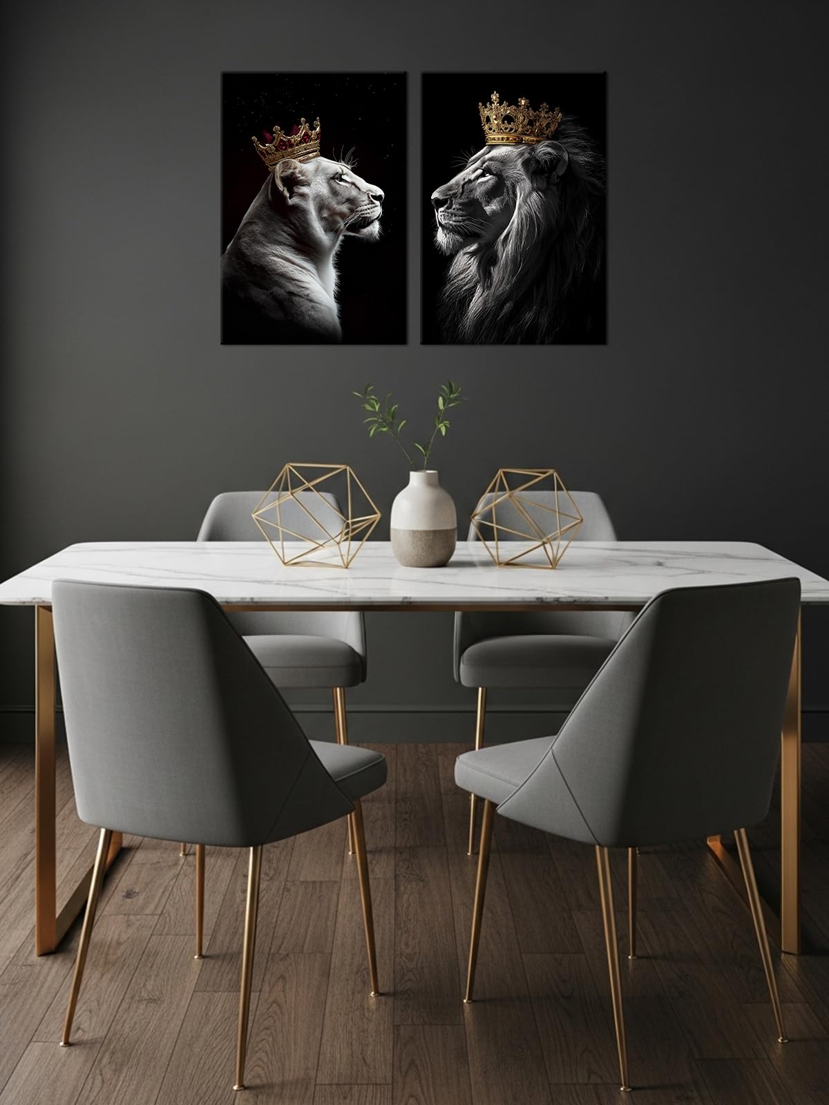 Lion King and Queen Wall Art 2 Piece Golden Crown Lion Canvas Picture Animal Couple Poster African Wild Animal Painting Black and White Artwork for Living Room Bedroom Decor(Ani-02,12"x16"x2)