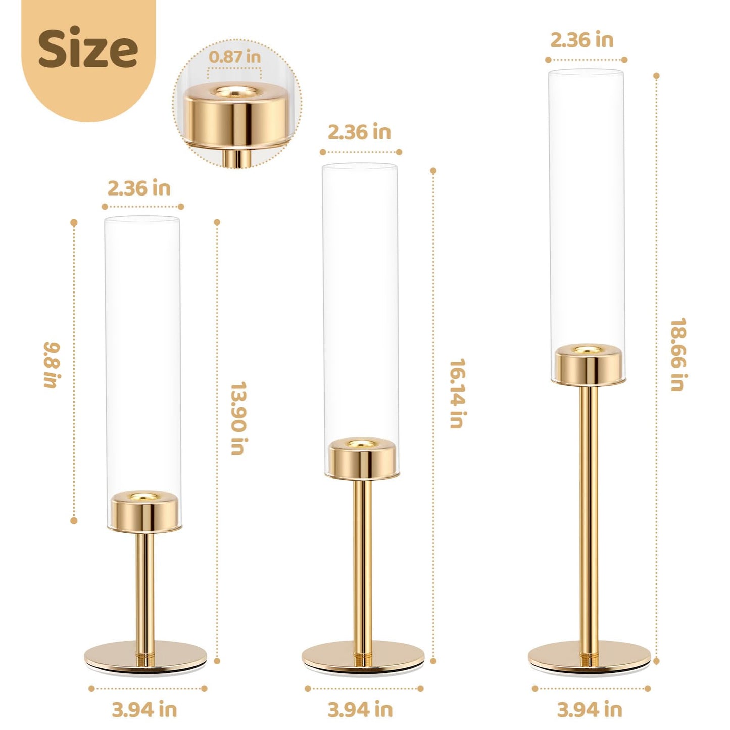 Gold Hurricane Candle Holders Set of 3, Tall Metal & Windproof Glass Taper Candle Holders, Brass Candlesticks Holder Decorations, Table Centerpieces for Weddings, Christmas, Parties, Fireplace Decor