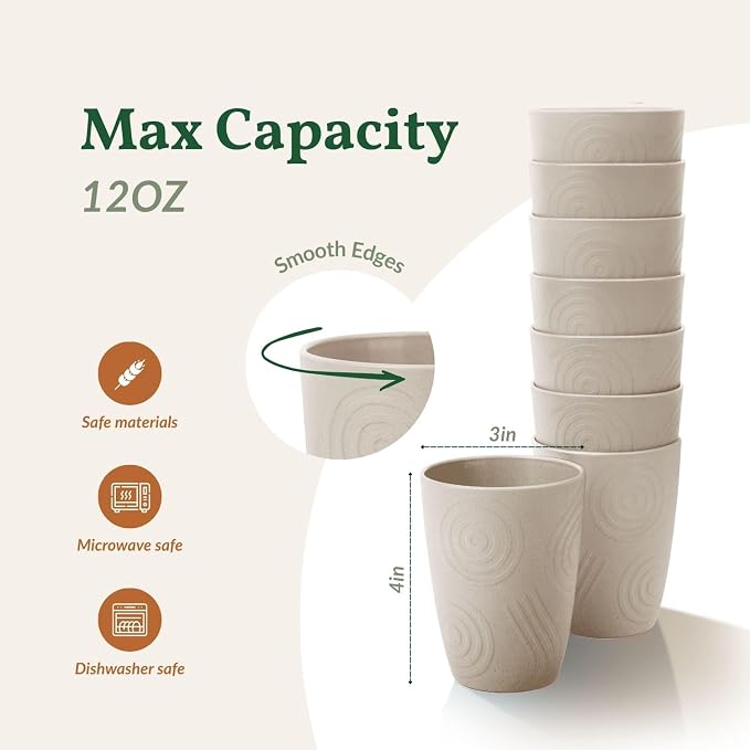 Homienly Wheat Straw Cups 8 PCS Plastic Cups Unbreakable Drinking Cup Reusable Dishwasher Safe Water Glasses with Beige Colors (12 OZ)