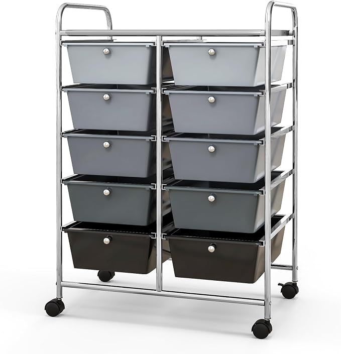 Giantex 10 Drawers Rolling Cart, Classroom Organizers, Storage Cart with Wheels, for Teacher Office Home School Supplies Tool Craft Art Paper, Black Gradient
