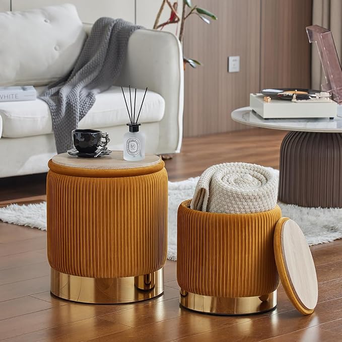 Round Ottoman with Storage Set of 2 Small Ottoman Coffee Table, Vanity Chair Foot Stool, Removable Lid, Hidden Storage, for Living Room, Bedroom, Hallway, Assembly Free (Orange)