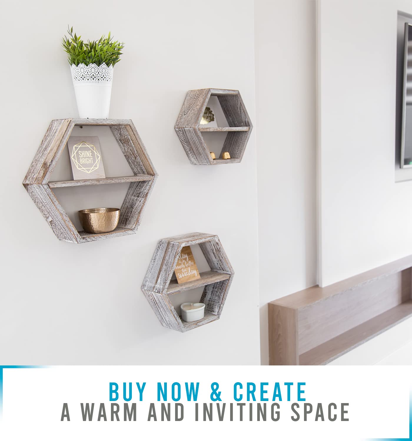 Comfify Rustic Wall Mounted Hexagonal Floating Shelves – Set of 3 Honeycomb Shelves - Farmhouse Decor – Honeycomb Wall Decor - Rustic White