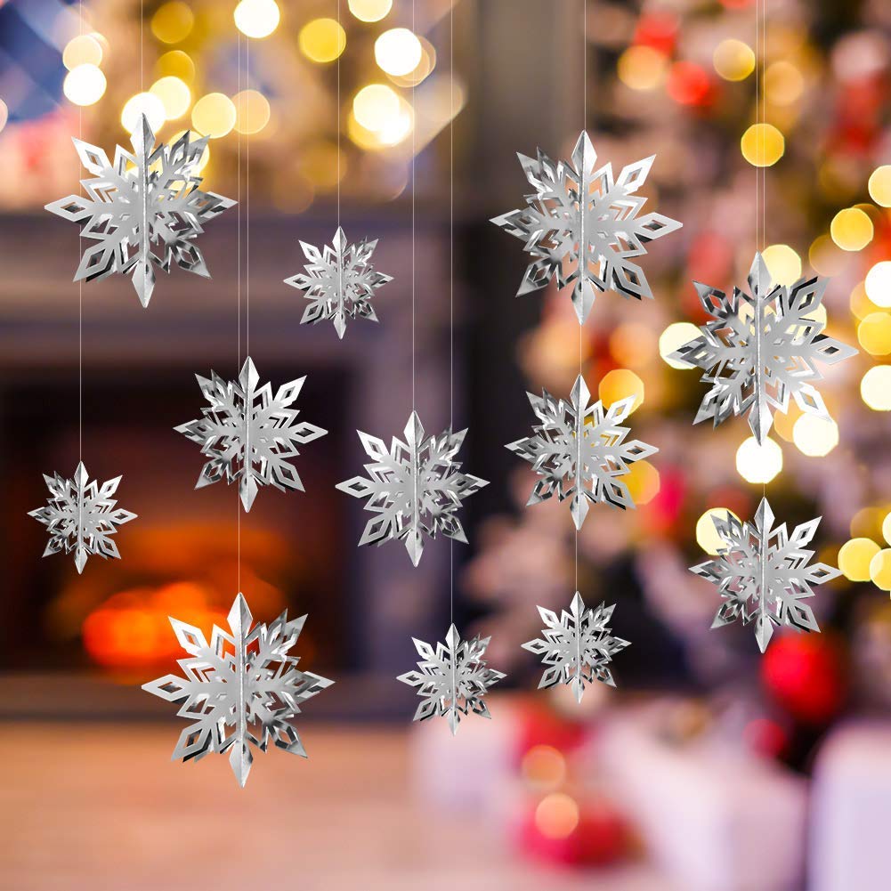 Winter Snowflake Hanging Decorations - 3D Large Silver Snowflakes Paper Hanging Garland for Christmas Winter Wonderland Holiday New Year Party Home Decoration 12PCS (Silver)
