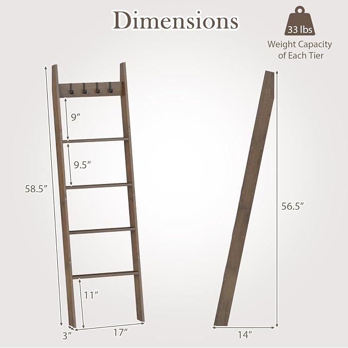 Giantex Bamboo Blanket Ladder, 5-Tier Ladder Shelf w/ 4 Removable Hooks, Decorative Wall Leaning Ladder, Blanket Holder w/Anti-Tip Straps, Farmhouse Towel Display Rack for Living Room, Bedroom