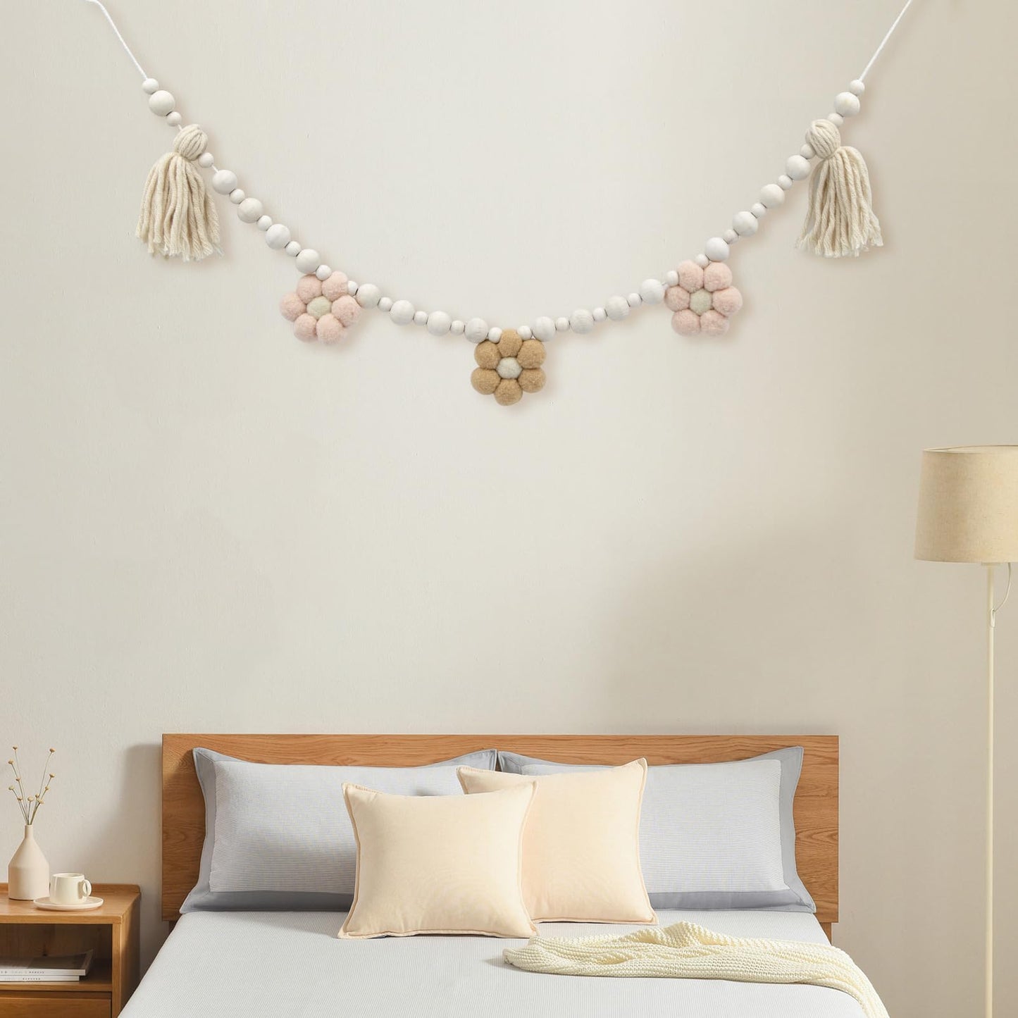 Decorations for Home, 2 Pack Boho Tassel Garland with Wooden Beads and Felt Flower, Wall Decorations for Living Room, Home Decor for Kitchen, Living Room, Entryway