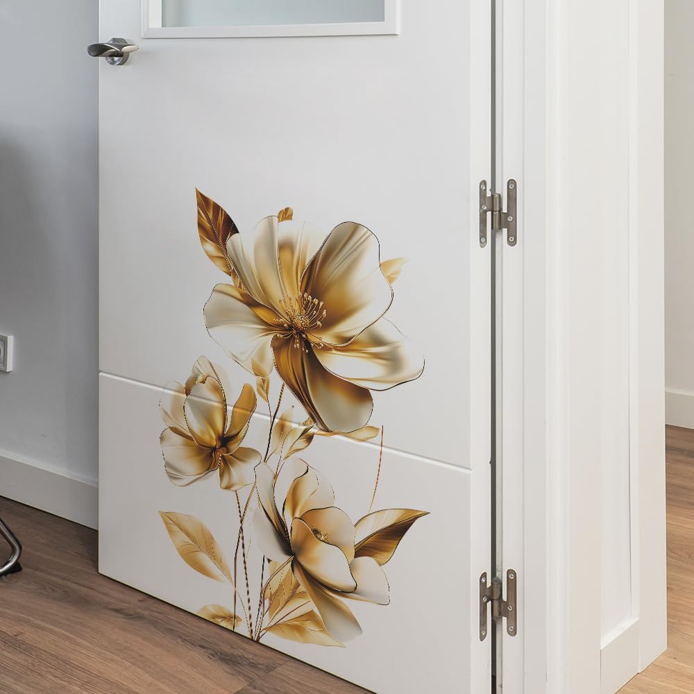 QXFHULV Flower Wall Stickers Floral Plants Wall Art Decals for Bedroom Living Room Sofa TV Background Home Decor (Gold)