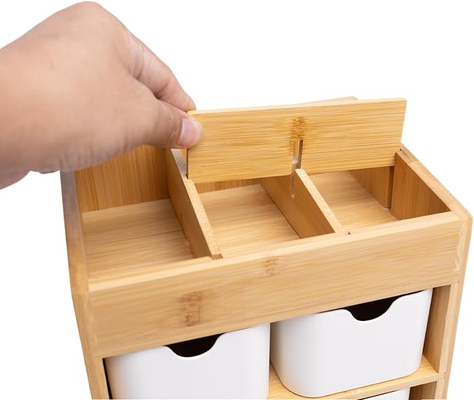 Bamboo Makeup Organizer with 3 Drawers, Dresser Cosmetic Organizer Box,Bamboo Desk Organizer for Home with Adjustable Dividers