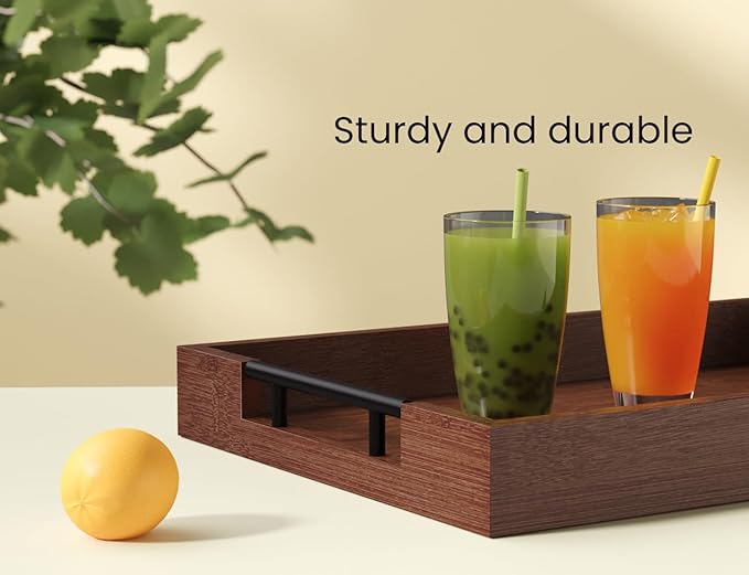 Fibogollo Bamboo Set of 2 Serving Tray with Metal Handles,Ottoman Decorative Trays Platter for Coffee Table,Living Room,Bar,Party(Brown)