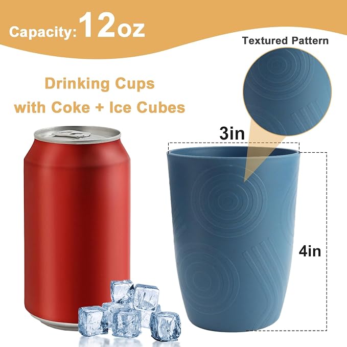 Premium Wheat Straw Cups Set of 6, Drinking Glasses 12 OZ, Alternative to Plastic Cups Reusable, Unbreakable Water Cup, Microwave and Dishwasher Safe Drinking Cups for Kitchen - Blue