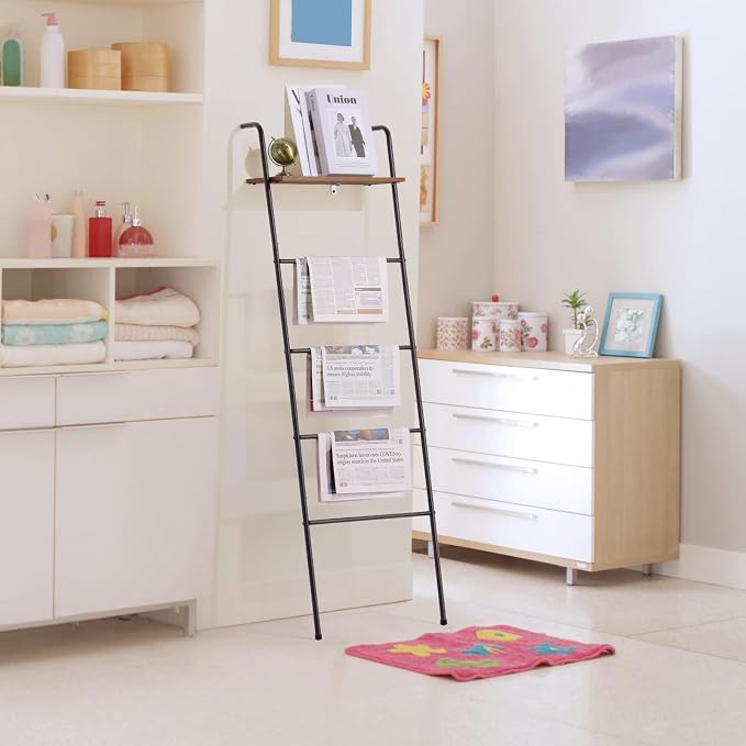 Blanket Ladder 5 Layer Wall-Leaning Blanket Rack with Shelf Decorative Blanket Ladder Shelf Metal Leaning Towel Ladder Rack for Blankets or Quilts for Living Room Bathroom Rustic Black