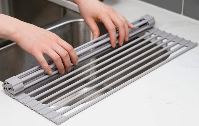Surpahs 20.5 x 13.1 Inch Roll-Up Dish Drying Rack, Fits Across Sink Openings up to 19.5 Inches, Heavy-Duty Premium Silicone, Strong Support, Non-Slip, Heat-Resistant, Warm Gray