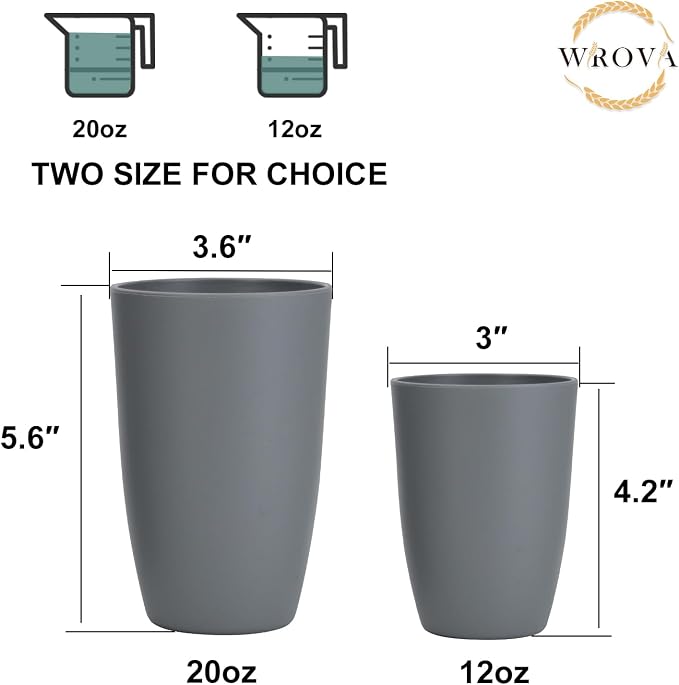 Wrova Wheat Straw Cups 8 PCS Good Alternative to Plastic Reusable Cups 20 oz Unbreakable Drinking Cup Reusable Dishwasher Safe Water Plastic Glasses Gray