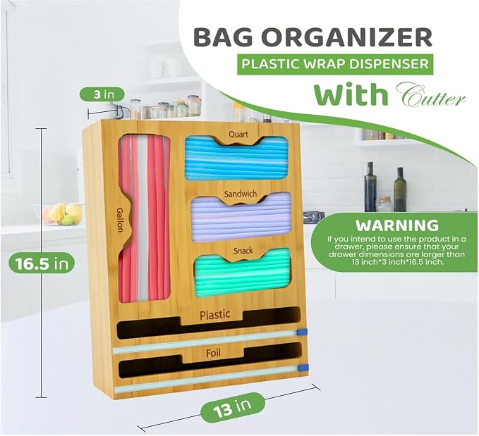 Storage Bag organizer, 6 in 1 Foil and Plastic Wrap Dispenser with Cutter, Bamboo Kitchen Drawer Organizer Food Bag Organizer for Gallon, Quart, Sandwich, Snack Bags (Natural)