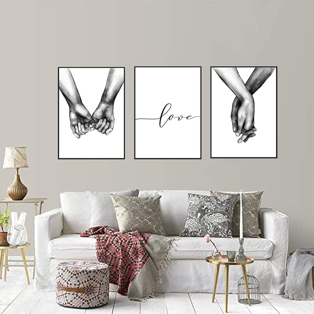 Kiddale 16"x20" Love and Hand in Hand Wall Art Canvas Print Poster,Simple Fashion Black and White Couples Sketch Art Line Drawing Decor for Home Living Room Bedroom Office(Set of 3 Unframed)