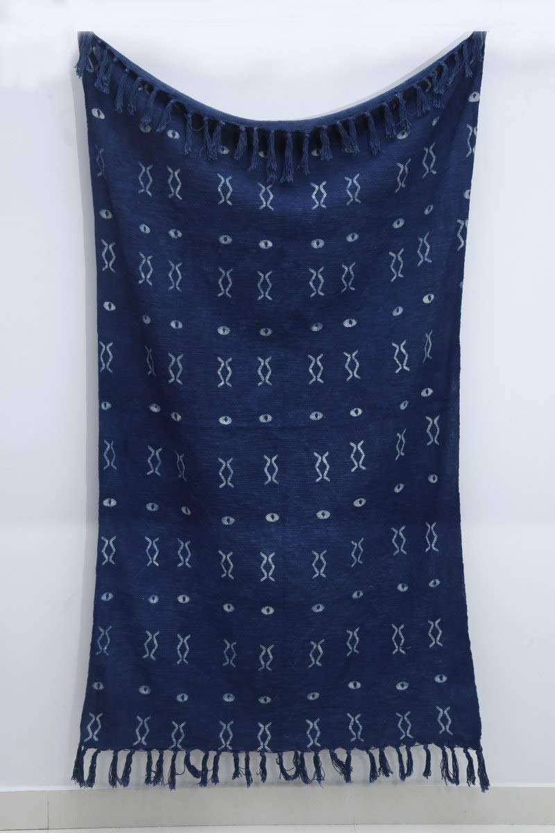 Trade Star 100% Cotton Throw Blanket Indigo Throw Blanket Handloomed Cotton Throw Mudcloth Designer with Tassels Handmade Premium Quality (50X70 INCHES Indigo Zen)
