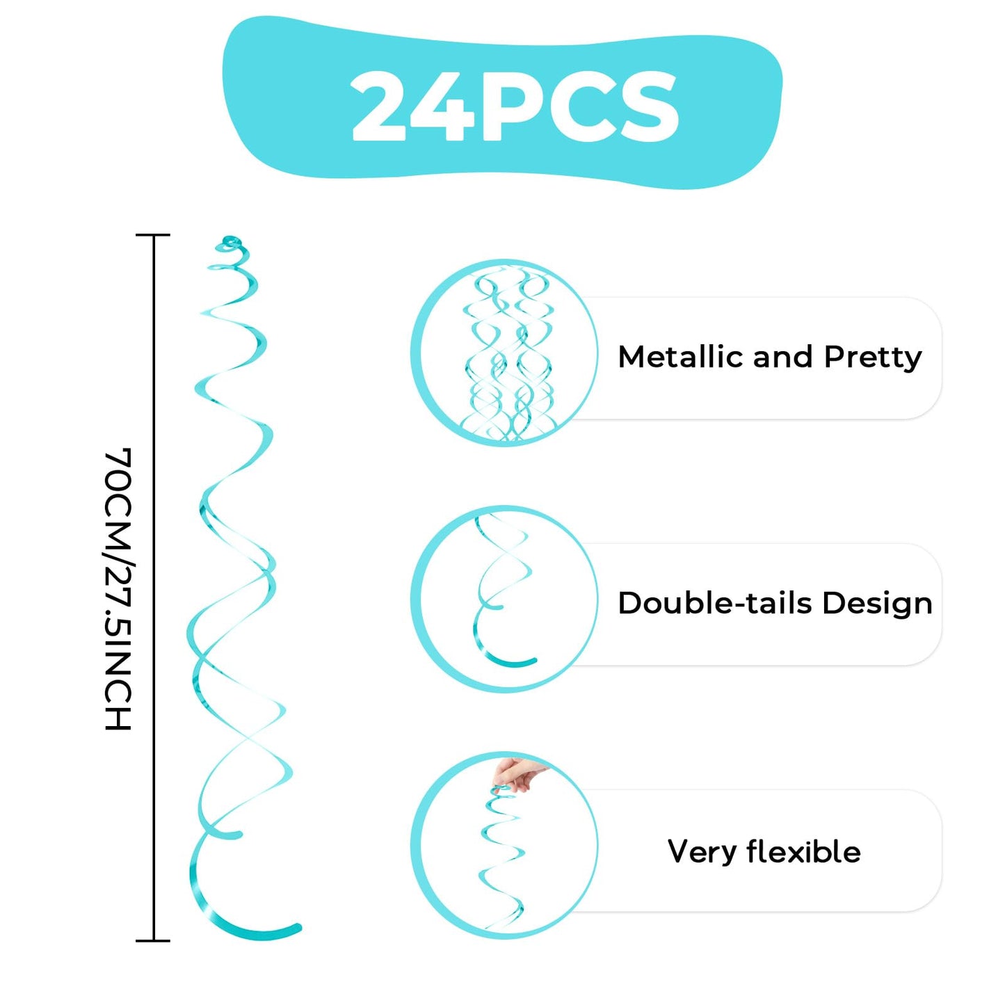 24 PCS Teal Hanging Swirl, Sparkle Ceiling Hanging Decorations, Plastic Streamer Party Decorations with Double-Swirls and Single-Swirls for Birthday Decorations, Graduation, Easter, Baby Shower