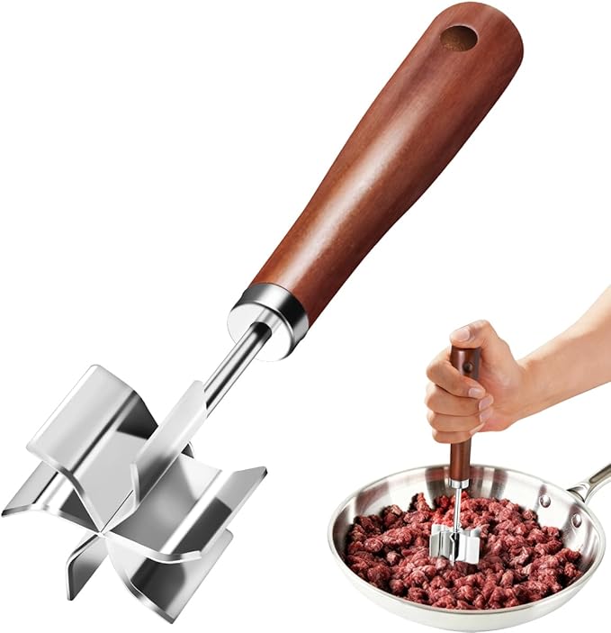 Stainless Steel Meat Chopper Masher, 6 Blade Ground Beef Chopper Potato Masher Tool with Wooden Handle, Hamburger Smasher, Multi-Use Kitchen Tool for Home Cooking, Heat Resistant (1 Pack)