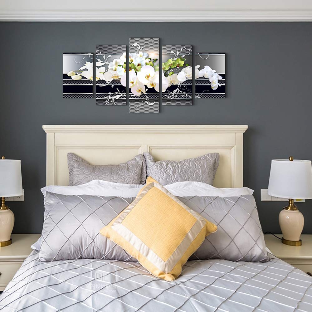5 Piece Wall decor Canvas art for living room Picture Butterfly Orchid Flowers Contemporary Black White Abstract prints Modern Home bedroom Wall decorations inspirational wall art posters artwork