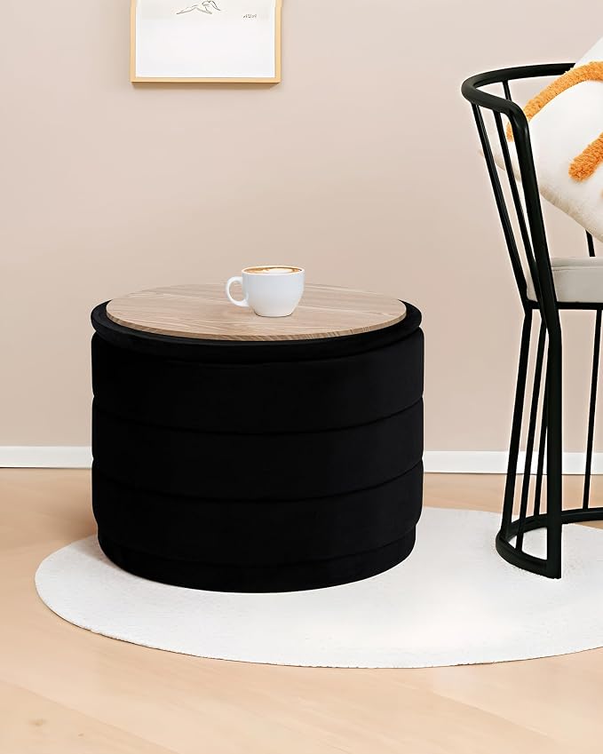 B FSOBEIIALEO Round Velvet Storage Ottoman with Tray, Folding Ottoman with Storage Coffee Table Foot Rest for Dorm Room, Living Room Black, 22.83"x22.83"x17.32"